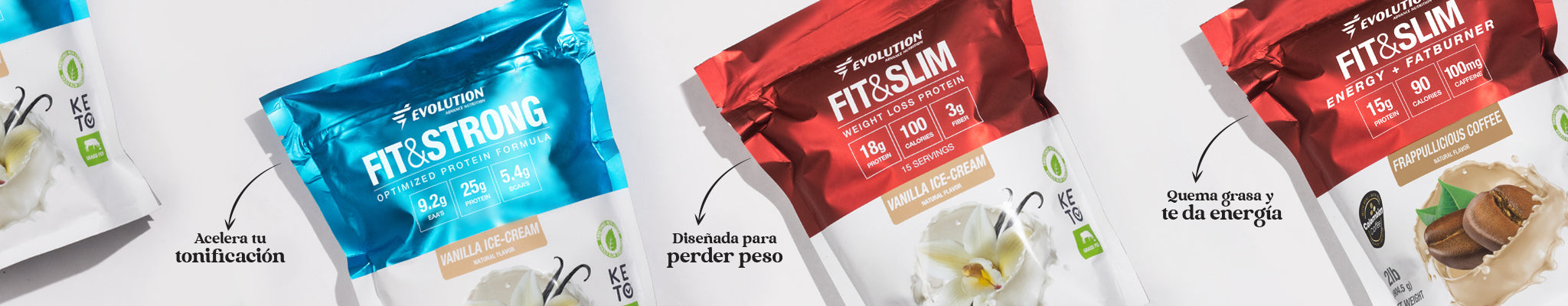 Envase de proteína en polvo Fit&Slim para bajar de peso, Envase de Fit&Strong para ganar músculos sin grasa, Envase de Fit&Slim Energy + Fat burner la proteína con café colombiano que acelera tu metabolismo y te llena de energía